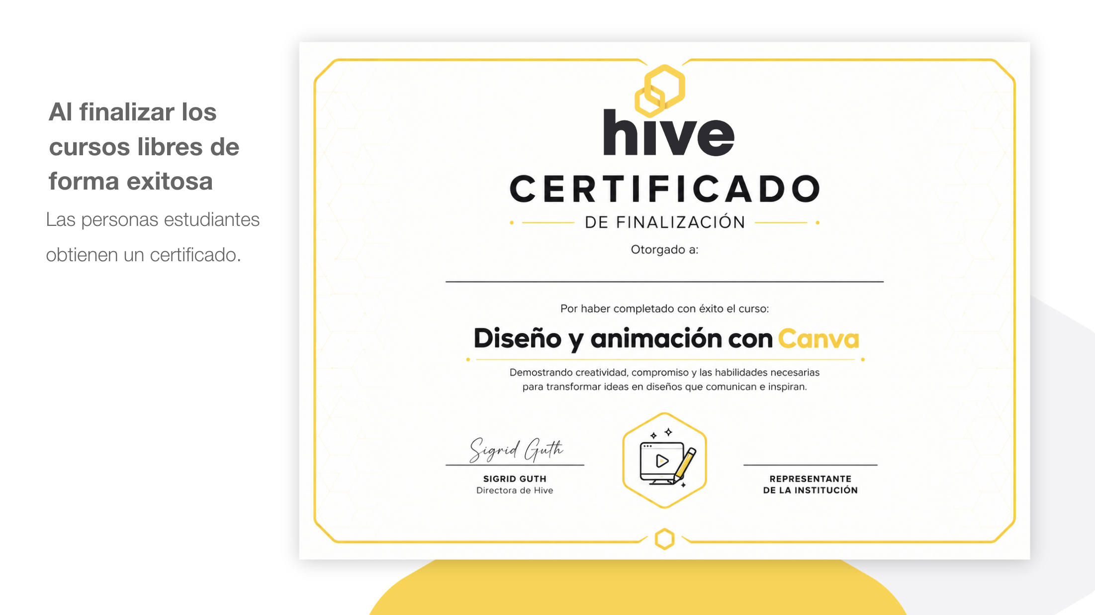 Diseño de certificado de finalización de un curso Hive