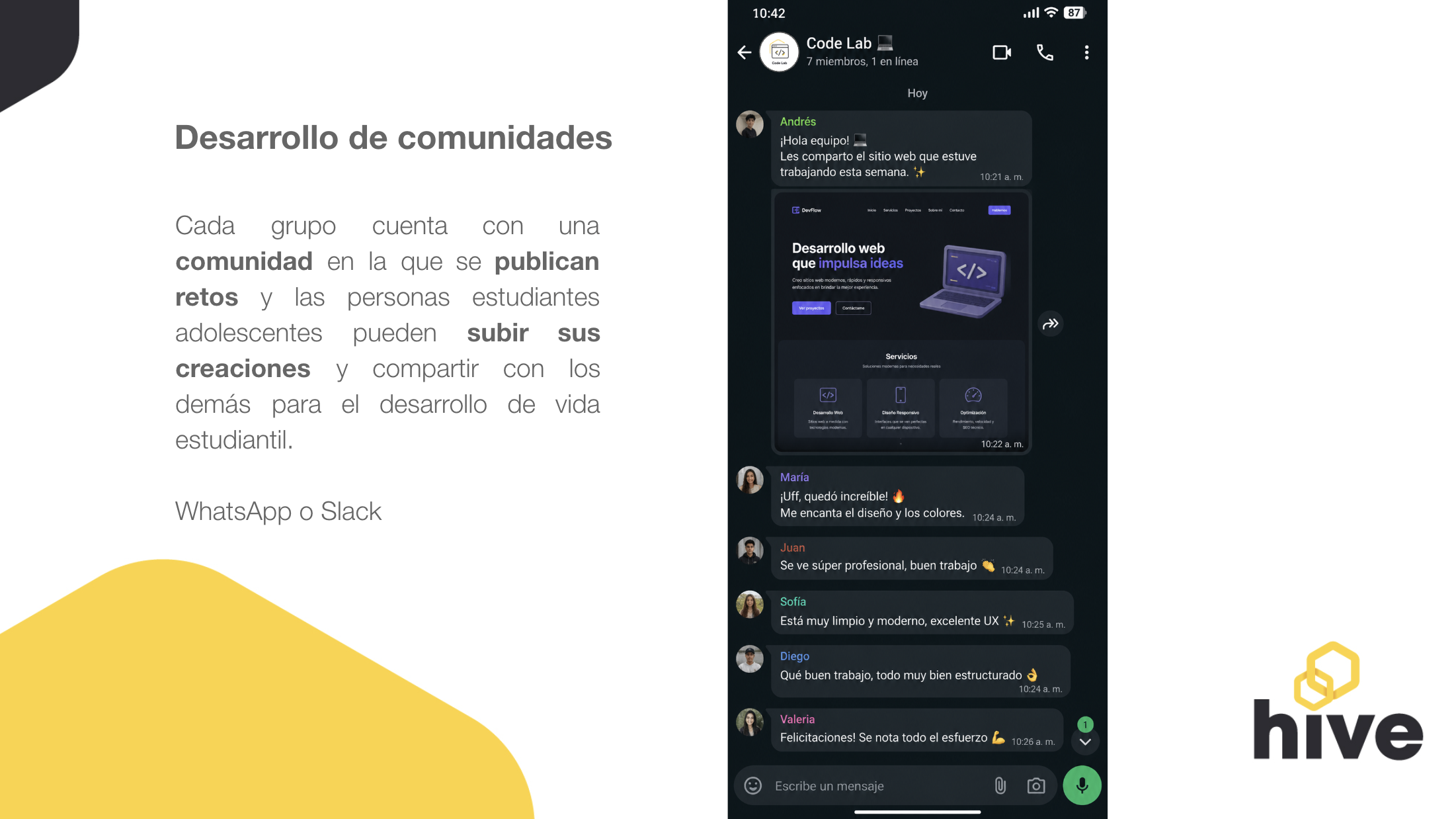 Ejemplo visual de una comunidad privada de estudiantes Hive compartiendo sus proyectos